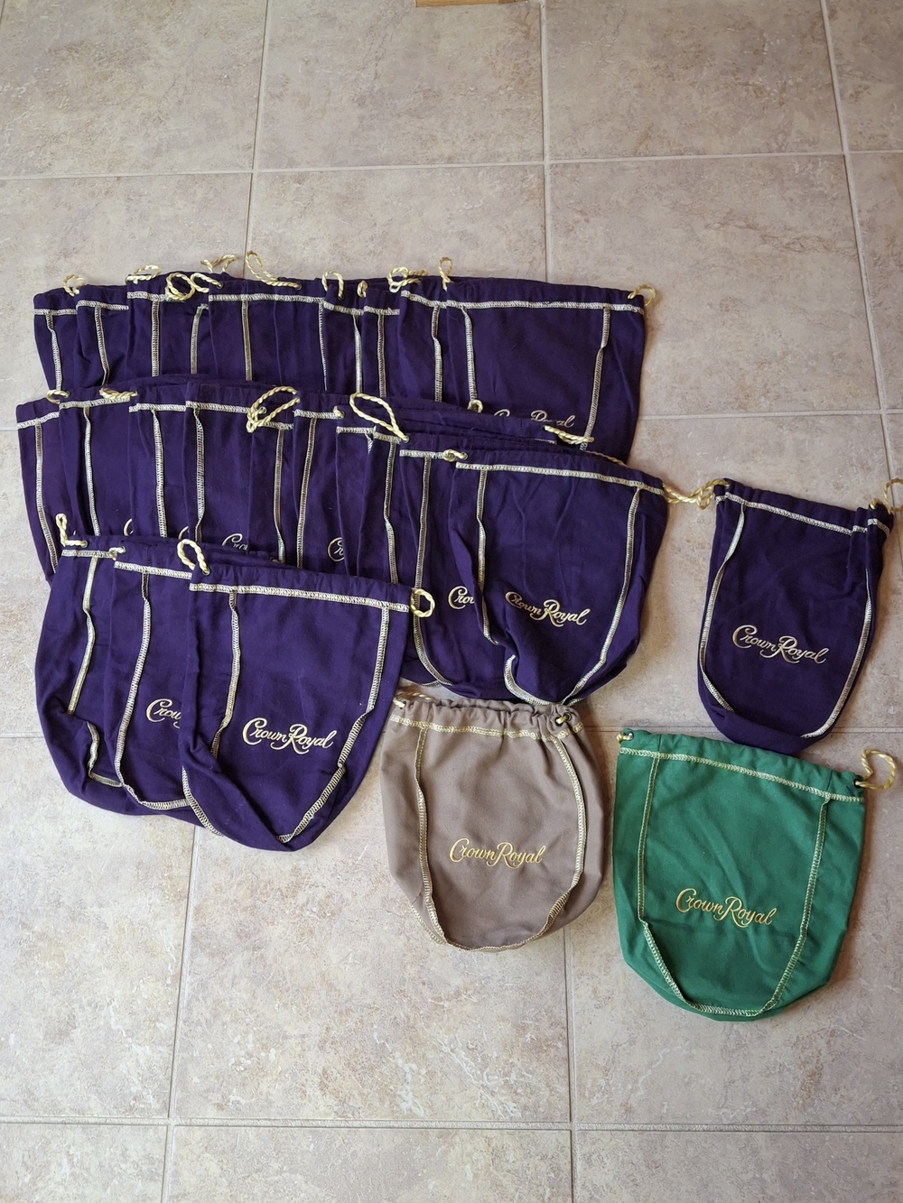 Crown Royal Velvet Drawstring Pouch Set in Purple, Green & Tan